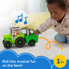 Fisher-Price Little People Push & Play Tractor, Musical Toy Farm Vehicle & 2 Figures For Toddlers