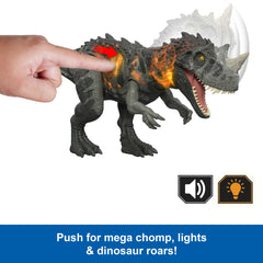 Jurassic World Wild Roar Ceratosaurus Dinosaur Action Figure Toy, Attack, Light & Sound, Scan Code