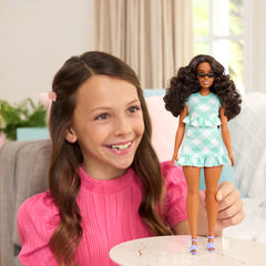 Barbie Fashionistas Doll #240 in Green Gingham Dress And Sunglasses, Wavy Dark Brown Hair
