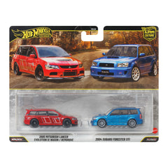 Hot Wheels Premium Kultowe auta 2-pak Mitsubishi Lancer Evolution IX Wagon + Subaru Forester Samochody 1:64 Zestaw autek Zabawki 3+