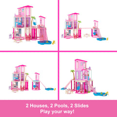 Barbie DreamHouse Dollhouse 2026, 2 Pools, 2 Slides, 2 Houses, Elevator With 3 Levels & 65+ Pieces Including Furniture & Accessories