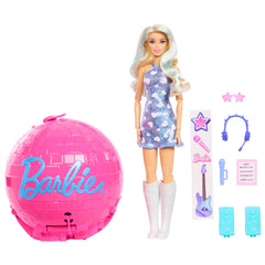 Barbie Team – Roll And Reveal – Poupée et Accessoires – Barbie Vedette Pop, Poupée Mode Blonde, 8 Surprises et Boîtier en Forme de Boule Disco