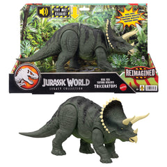Jurassic World Reimagined Real Feel Triceratops Roaring Dinosaur Figure, 90S Inspired Toy