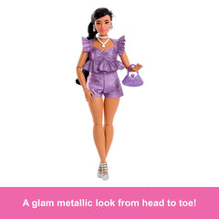 Barbie Deluxe Style Fashion Doll #8 in Metallic Purple Top And Sparkly Shorts With Accessories