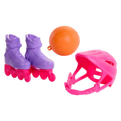 Barbie World Sport Rack Toy Playset With 9 Doll Accessories Including Trampoline, Tennis Racket, & Skates