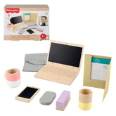 Fisher-Price Wood Pretend Play Work From Home Set, 9-Piece Office Playset With Wooden Toy Laptop & Phone For Preschool Kids Ages 3+ Years