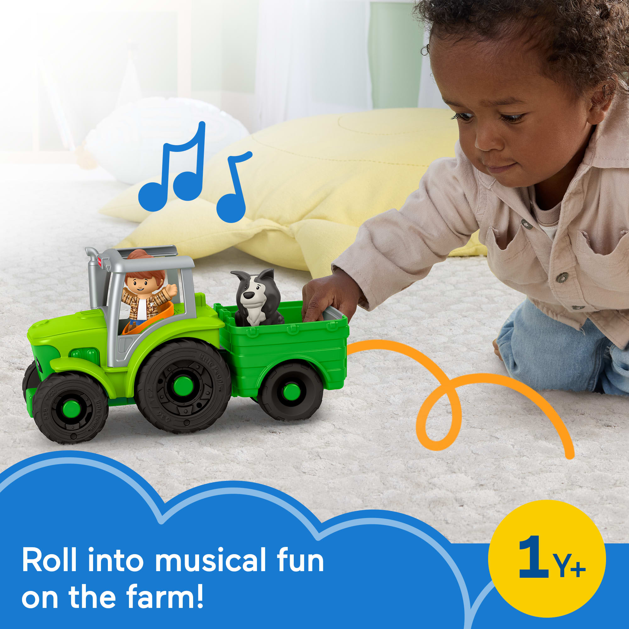 Fisher-Price Little People Push & Play Tractor, Musical Toy Farm Vehicle & 2 Figures For Toddlers