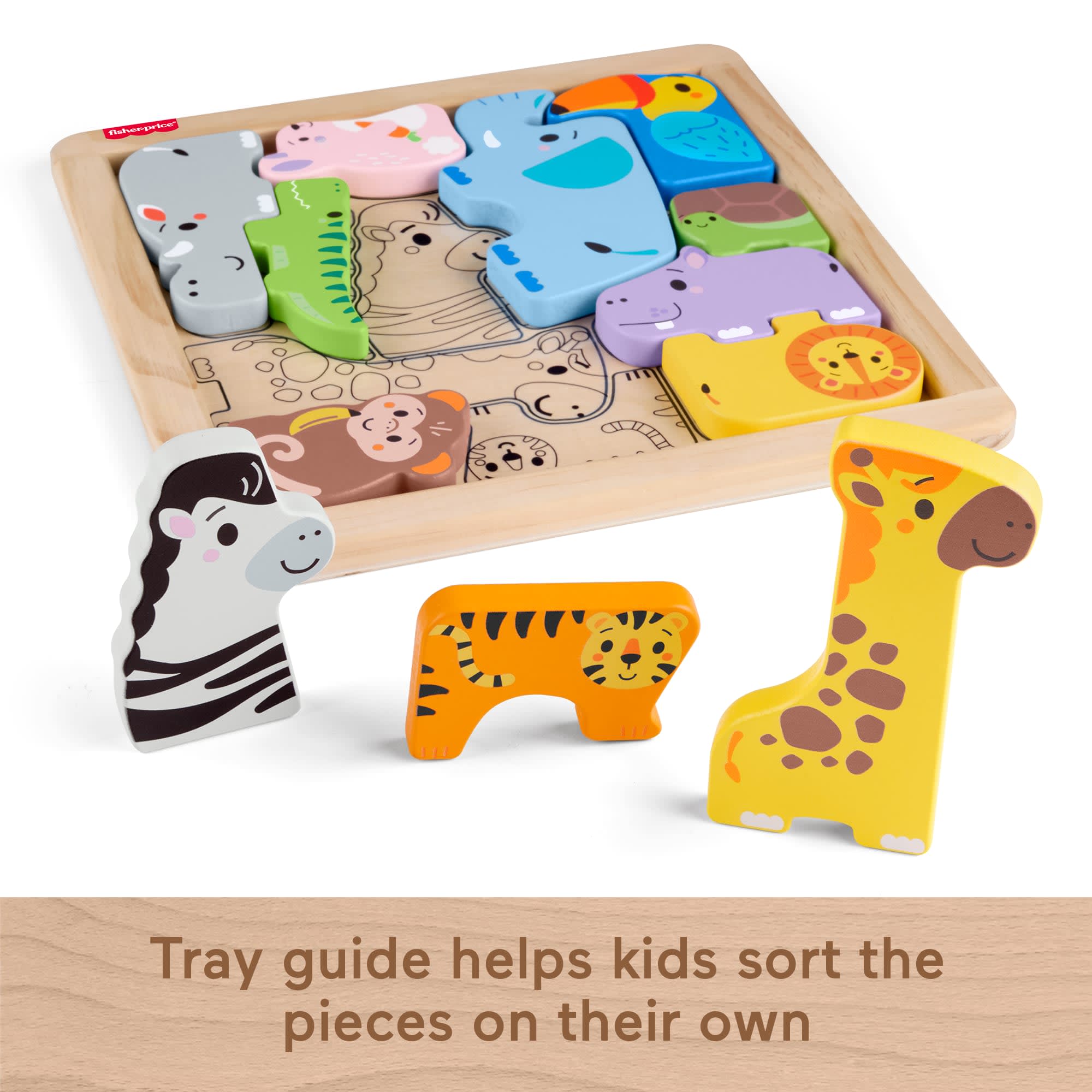 Fisher-Price Wooden Animal Puzzle, Shape-Sorting Activity For Kids, 13 Wood Pieces