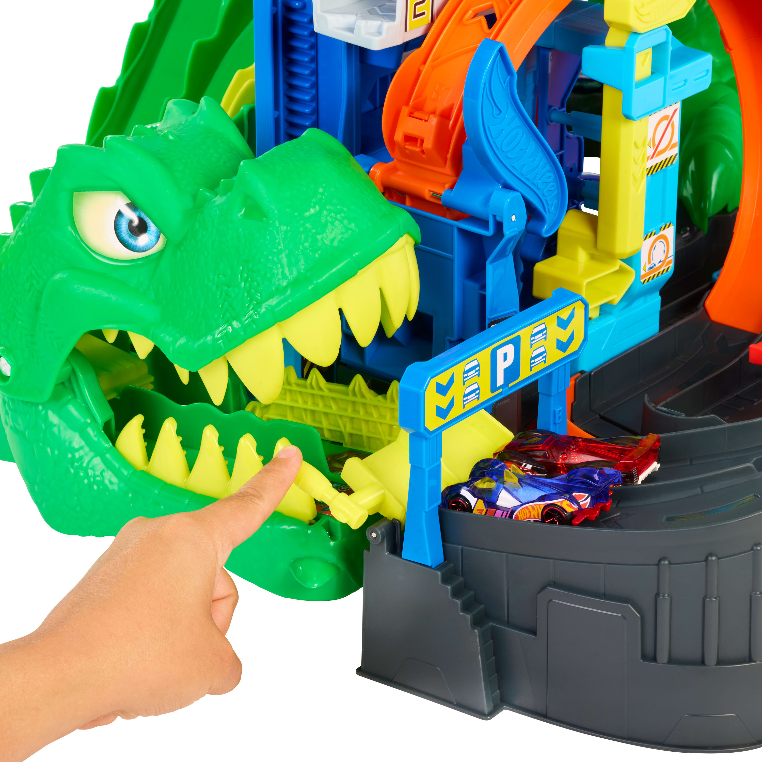 Hot Wheels City Ultimate T-Rex Garage With 2 Toy Cars & Storage For 50+, Race & Stunt, Dino Nemesis