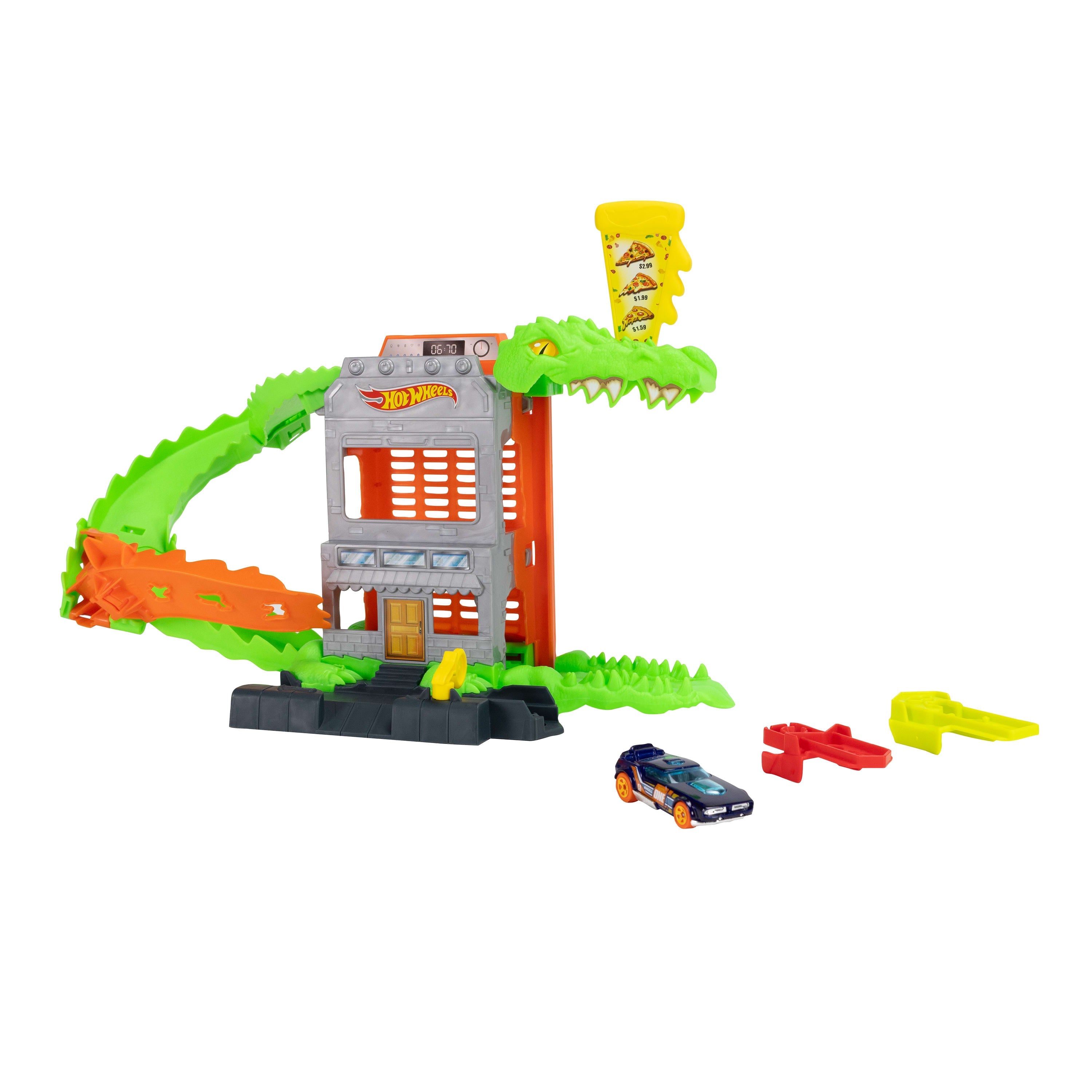 Hot Wheels City Croc Pizza Attack Playset & 1:64 Scale Toy Car, Speed Snap Track Compatible
