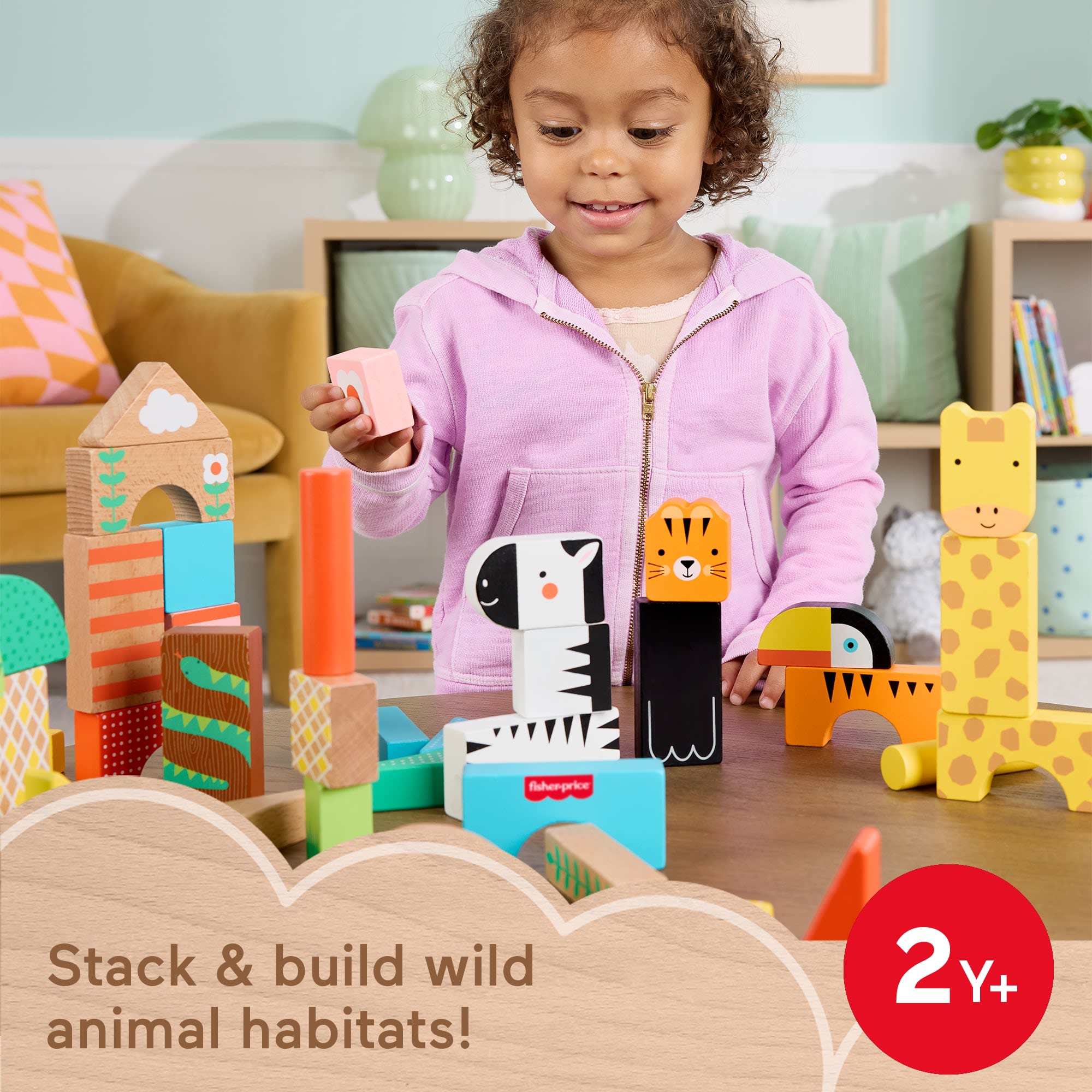Fisher-Price Wooden Jungle Blocks, Animal-Themed Building Set For Toddlers, 50 Wood Pieces