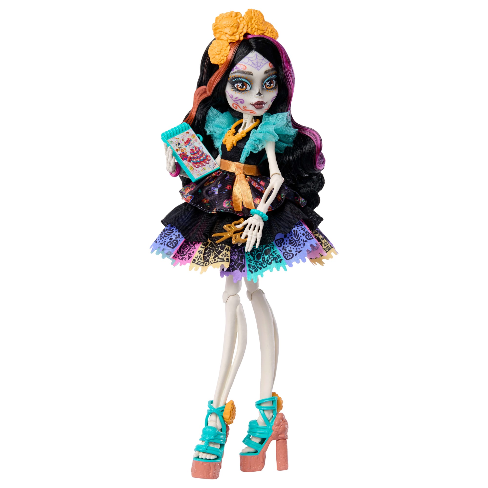 Monster High Skelita Calaveras Fashion Doll in Ruffled Dress With Pet Candelita And 7 Accessories