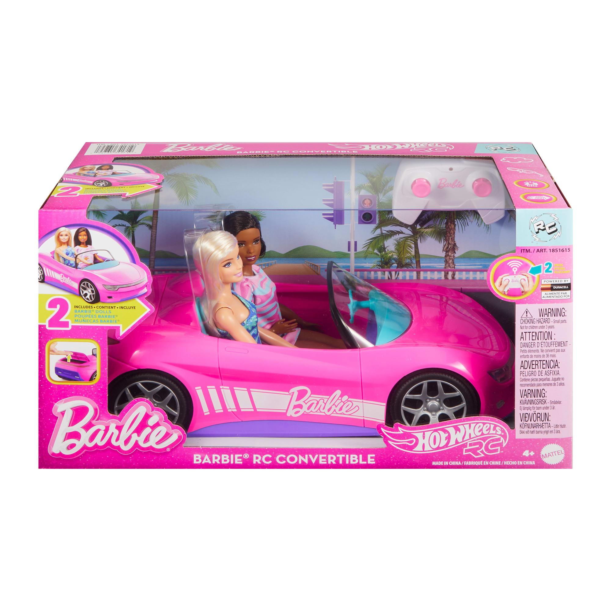 Hot Wheels RC Barbie Convertible & 2 Barbie Dolls, Battery-Powered Remote-Control Toy Car
