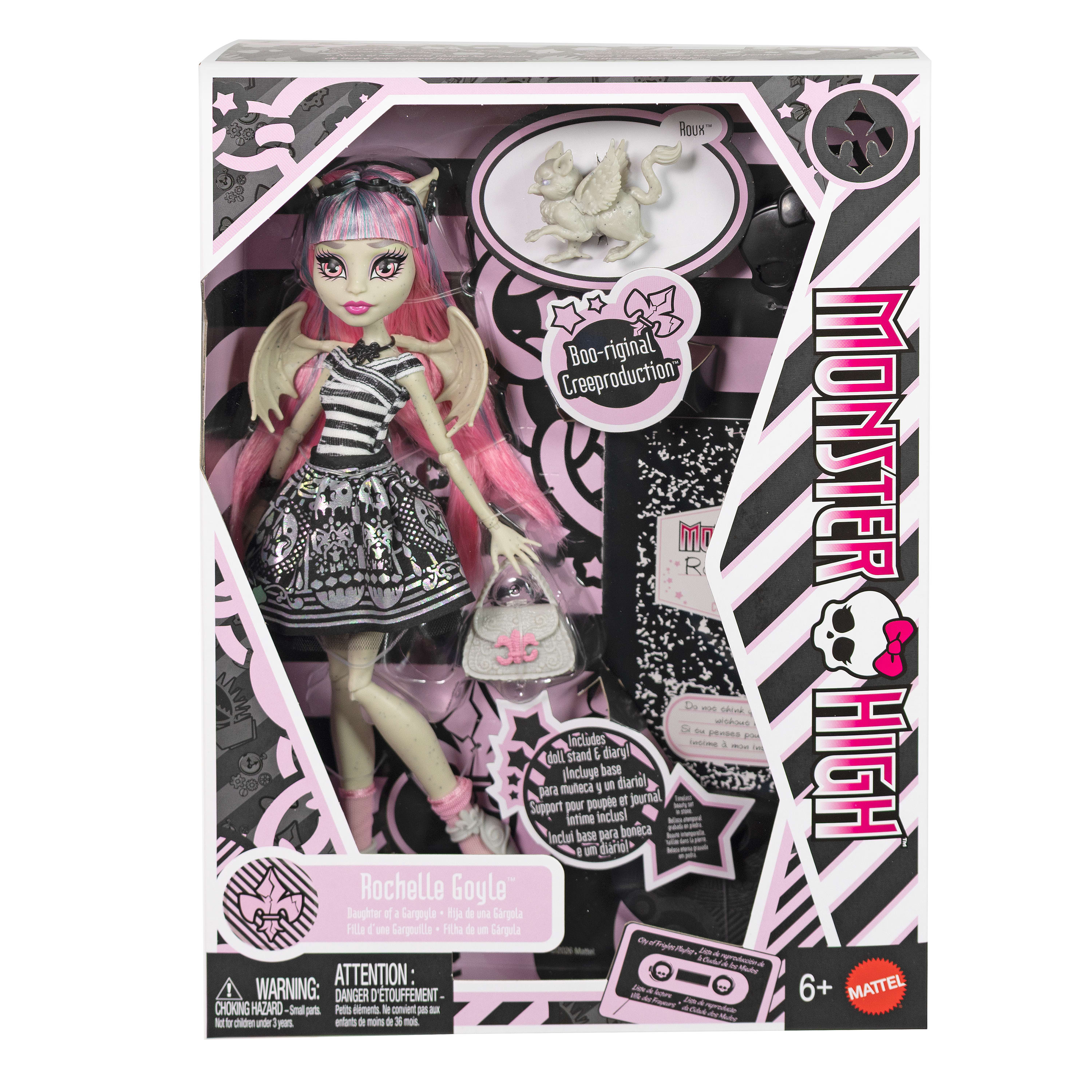 Monster High Boo-Riginal Creeproduction Rochelle Goyle Doll With Diary, Doll Stand And Pet