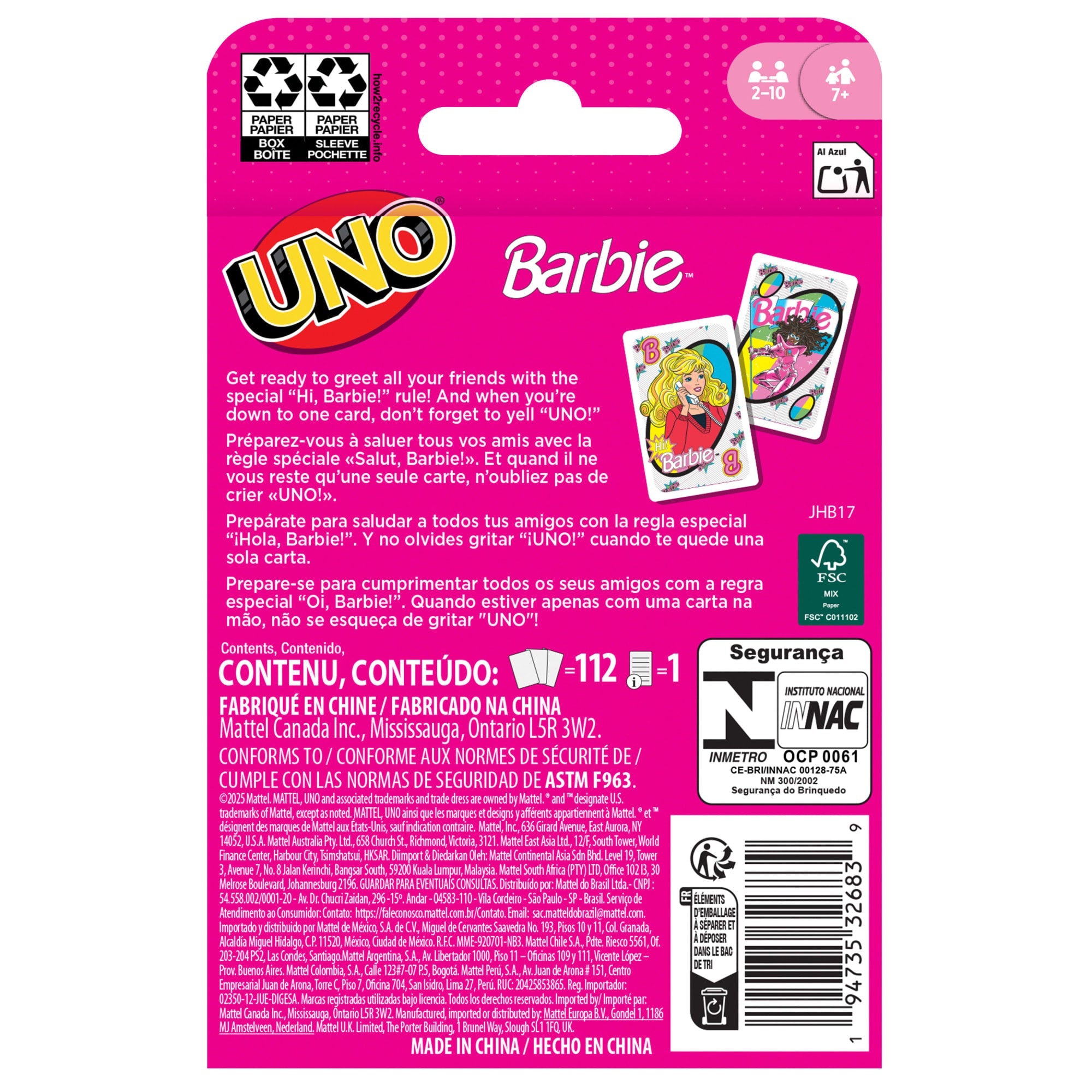UNO Barbie Card Game For Kids & Family Night