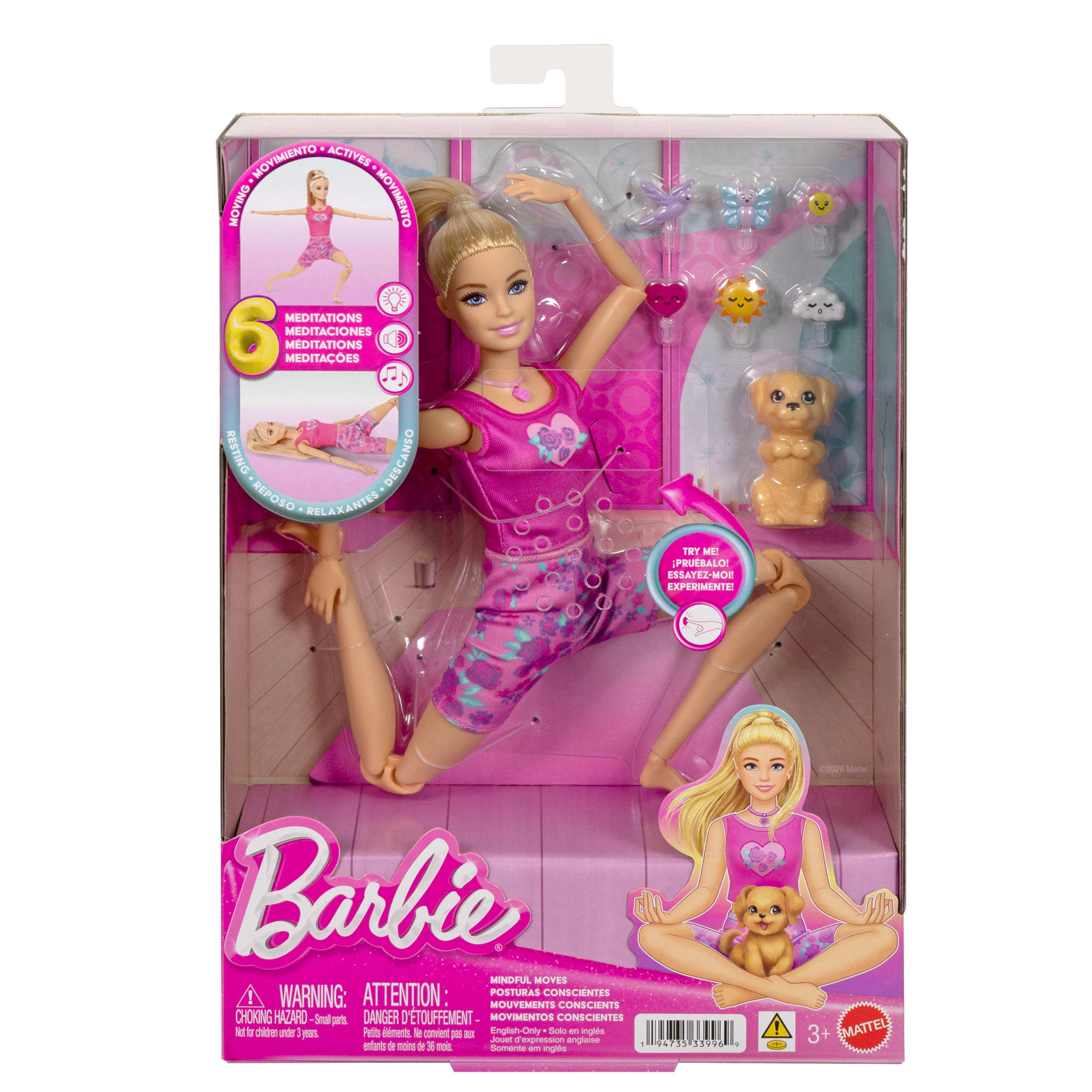 Poupée Barbie Mouvements Conscients Portant des Vêtements de Yoga Avec Audio, Lumières et Musique, Poupée Blonde Avec Animal de Compagnie