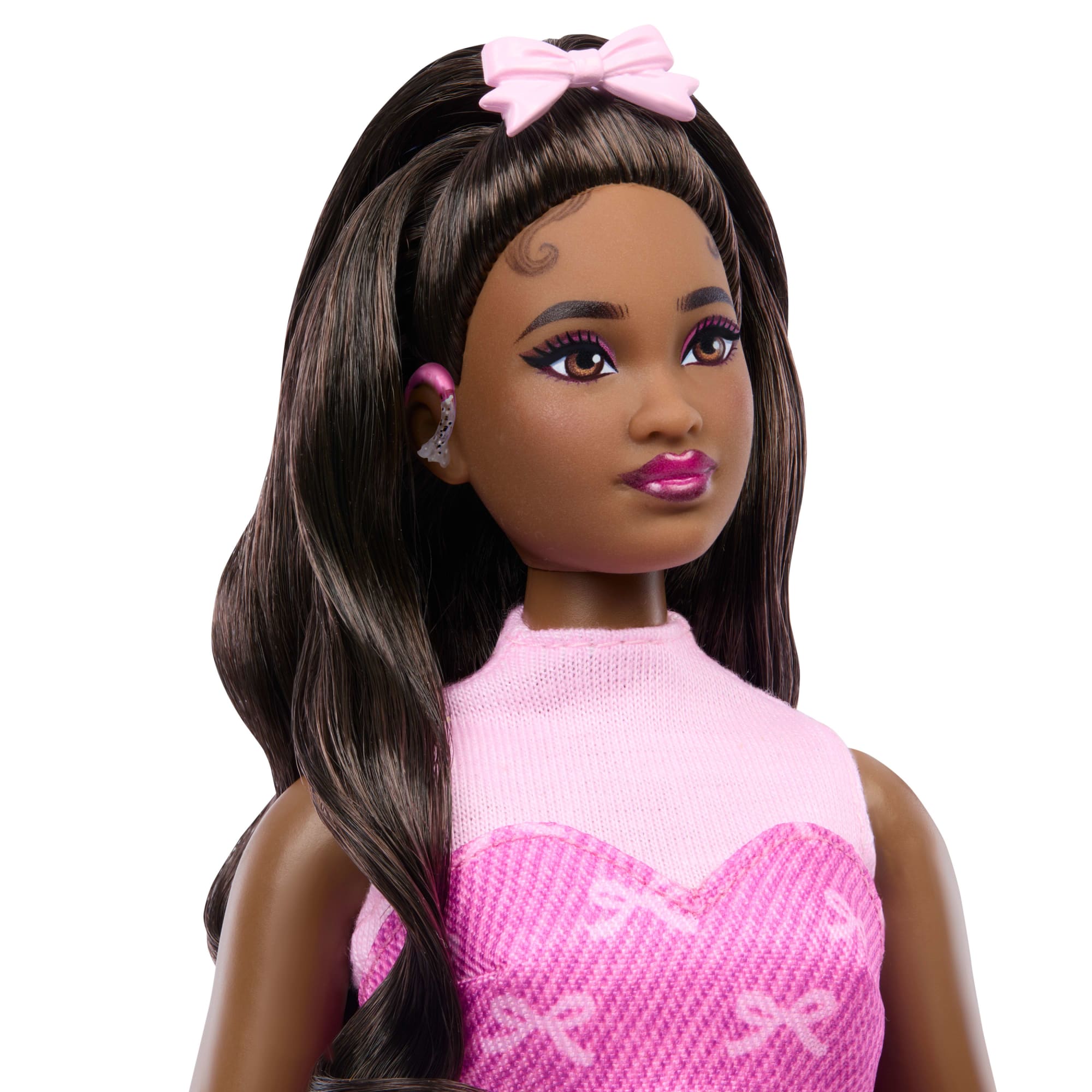 Barbie Deluxe Style Fashion Doll #10 in Pink Denim Top & Skirt Set With Bow Print, Black Hair