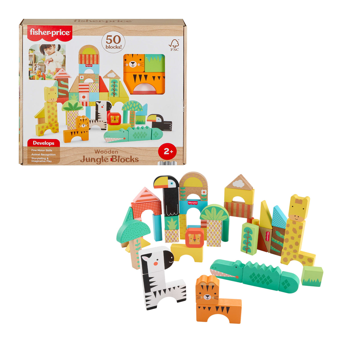 Fisher-Price Wooden Jungle Blocks, Animal-Themed Building Set For Toddlers, 50 Wood Pieces