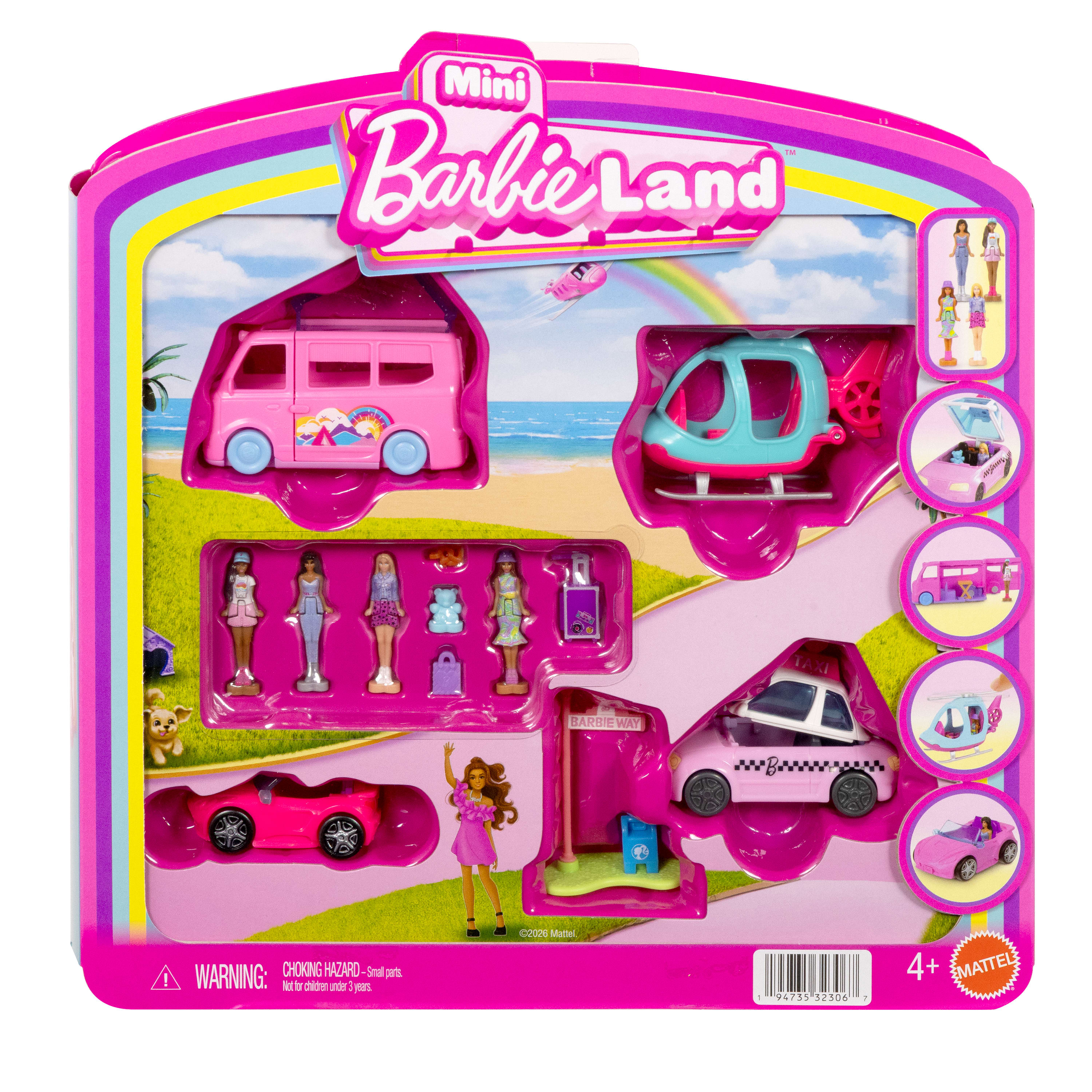 Barbie Mini Barbie Land 4-Pack Doll & Vehicle Set, 4 1.5-Inch Dolls, 4 Toy Vehicles & Accessories