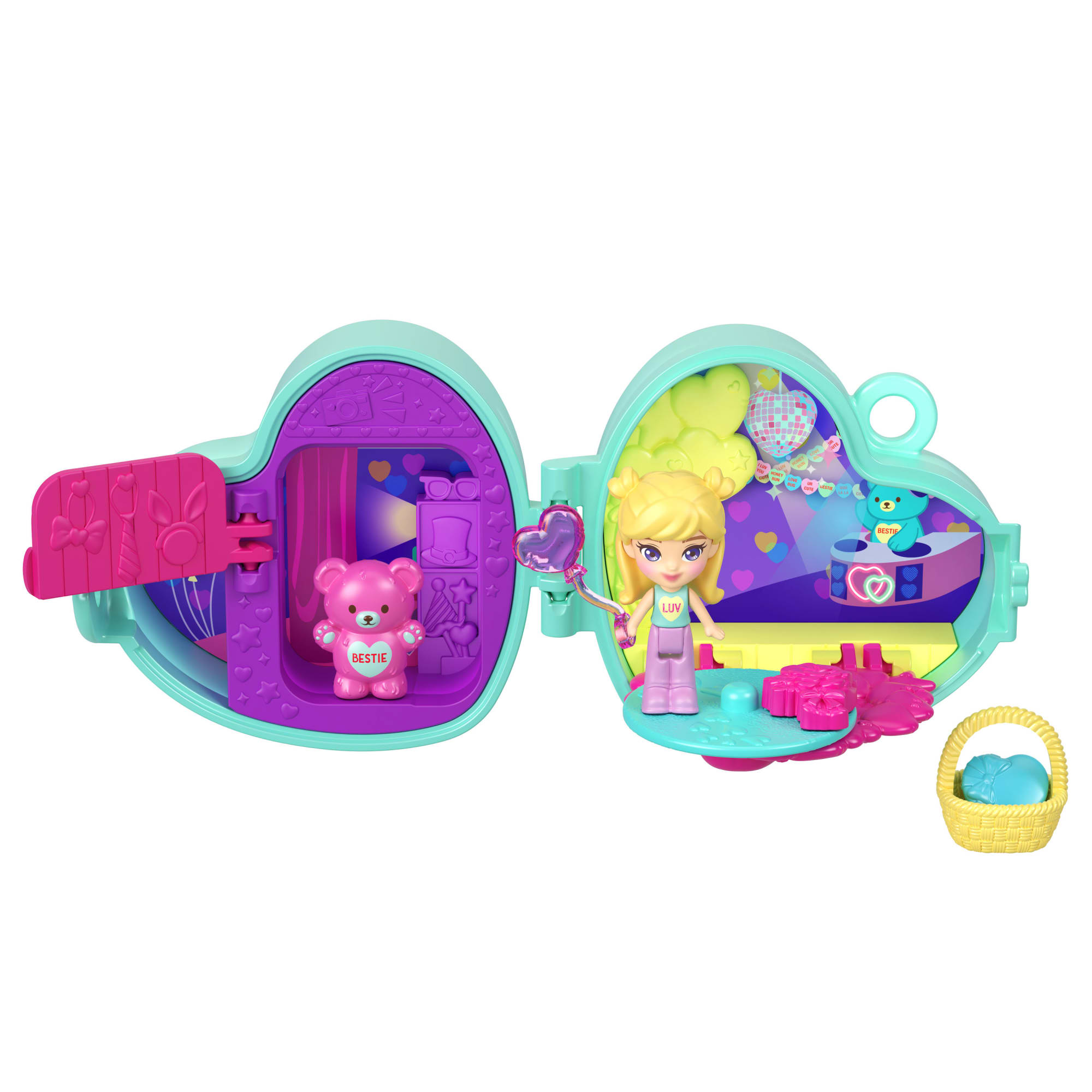 Polly Pocket X Sweethearts Doll & 2 Playsets With 7 Accessories, Compact Travel Toy With Keychain Clip
