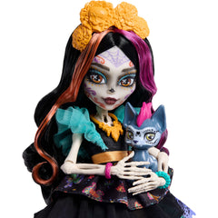 Monster High Skelita Calaveras Fashion Doll in Ruffled Dress With Pet Candelita And 7 Accessories