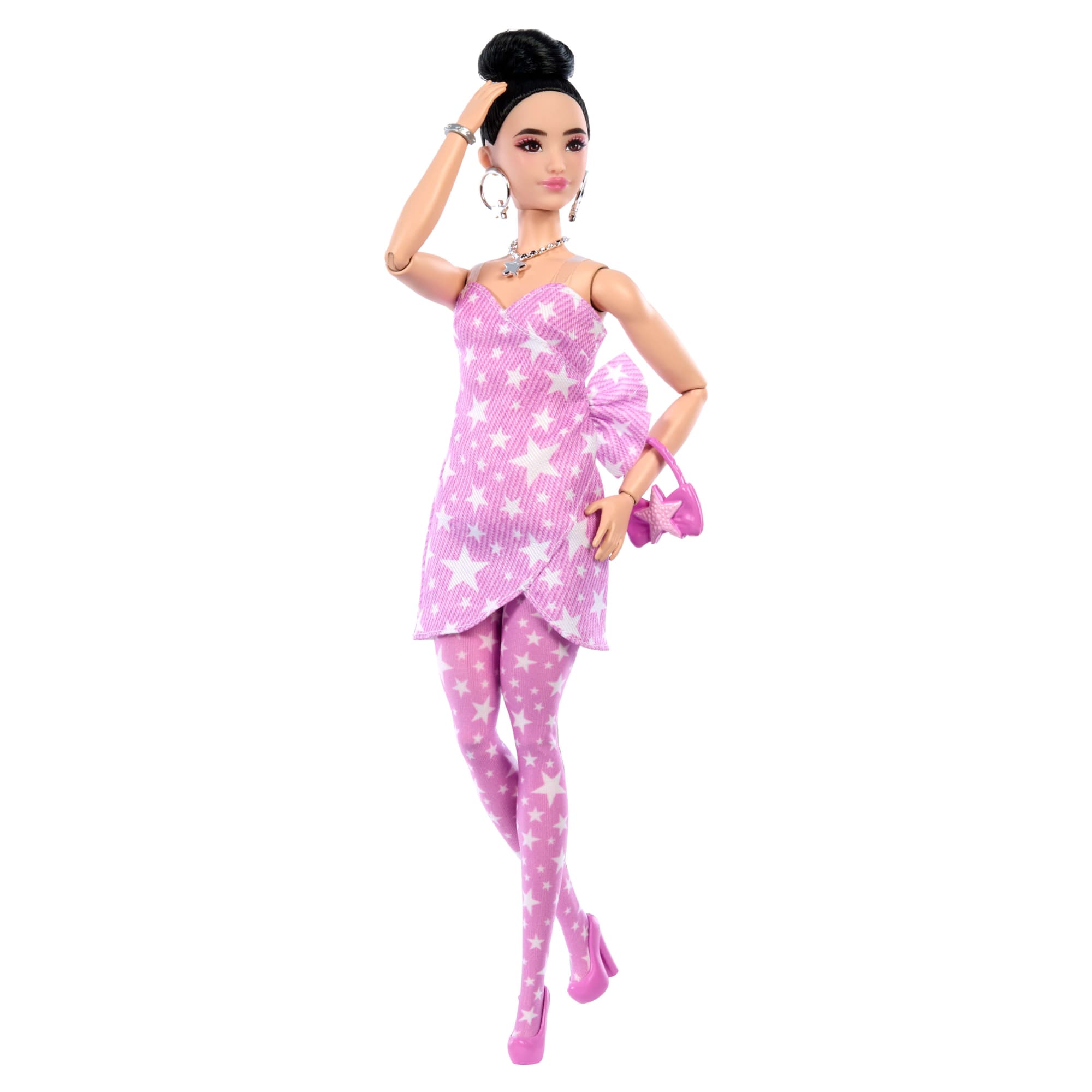 Barbie Deluxe Style Fashion Doll #11 in Pink Denim Star-Print Dress, Black Hair in Bun