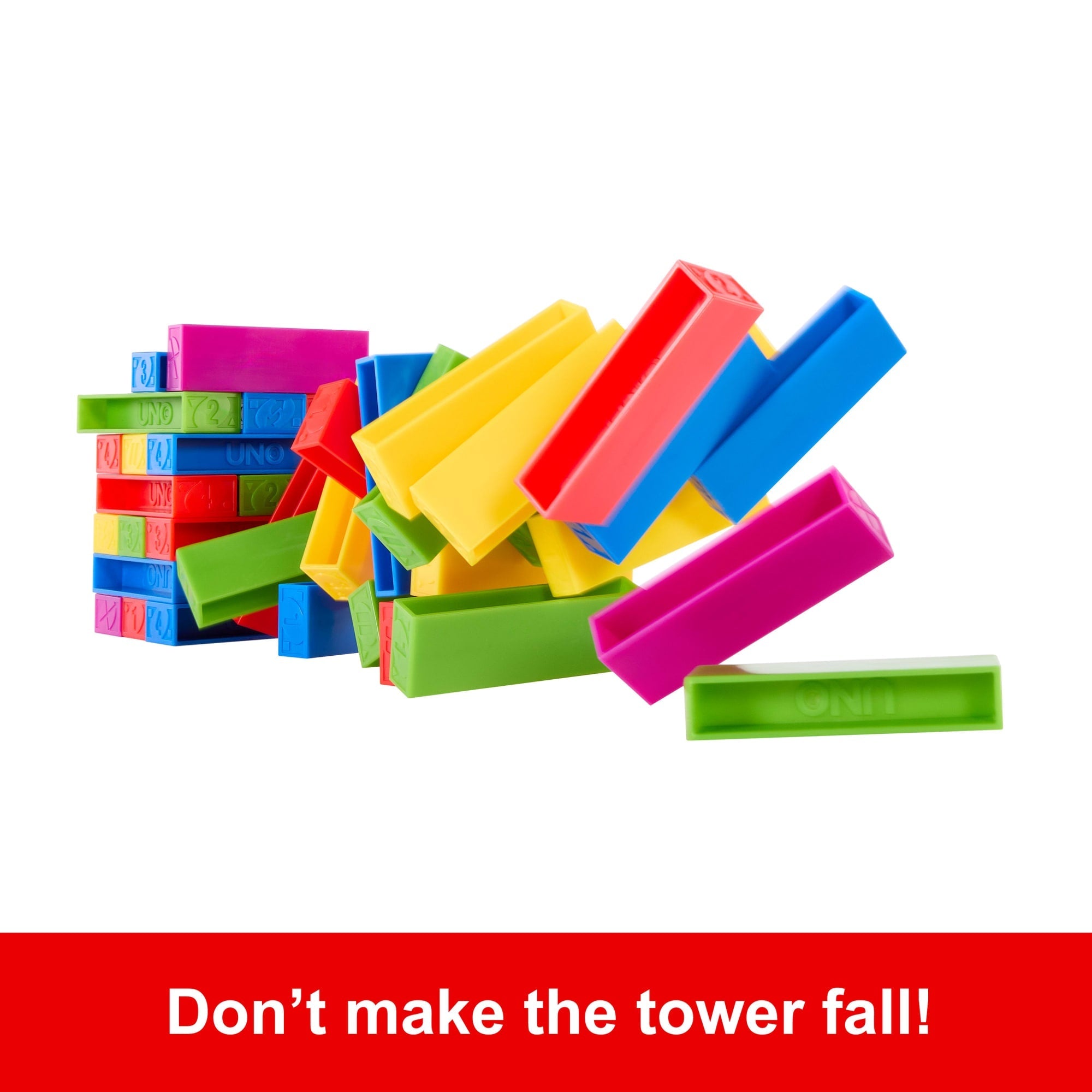 UNO Stacko Game For Kids & Family With 45 Colored Stacking Blocks & Tray