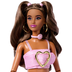 Barbie Deluxe Style Fashion Doll #12 in Pink Denim Crop Top And Flare Jeans, Brunette