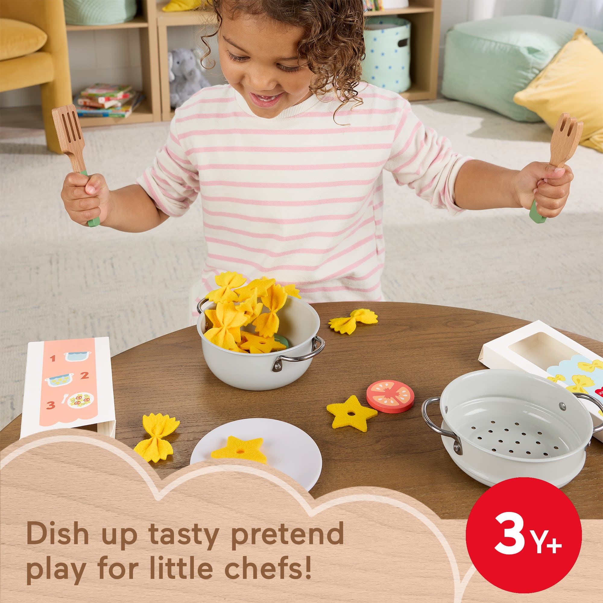 Fisher-Price Pots & Pasta Chef Set, Cooking Toy With Wooden Food For Pretend Play, 31 Pieces