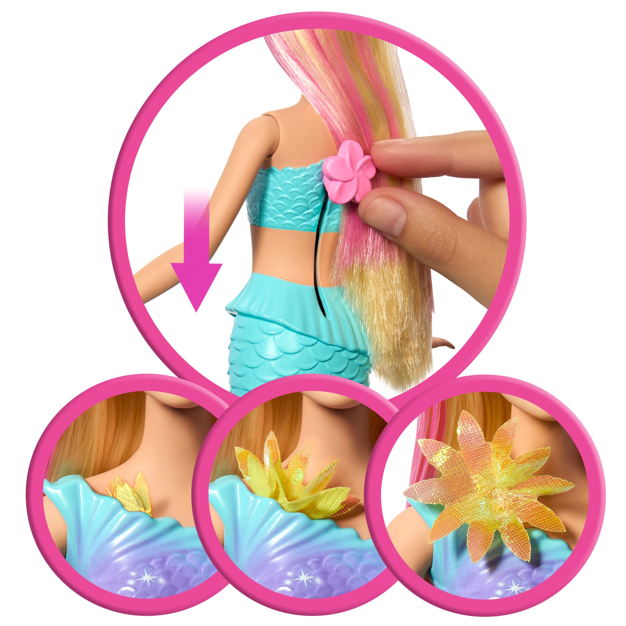 Barbie Fantasía Muñeca Sirena con Transformación de Flores Cabello Rosa