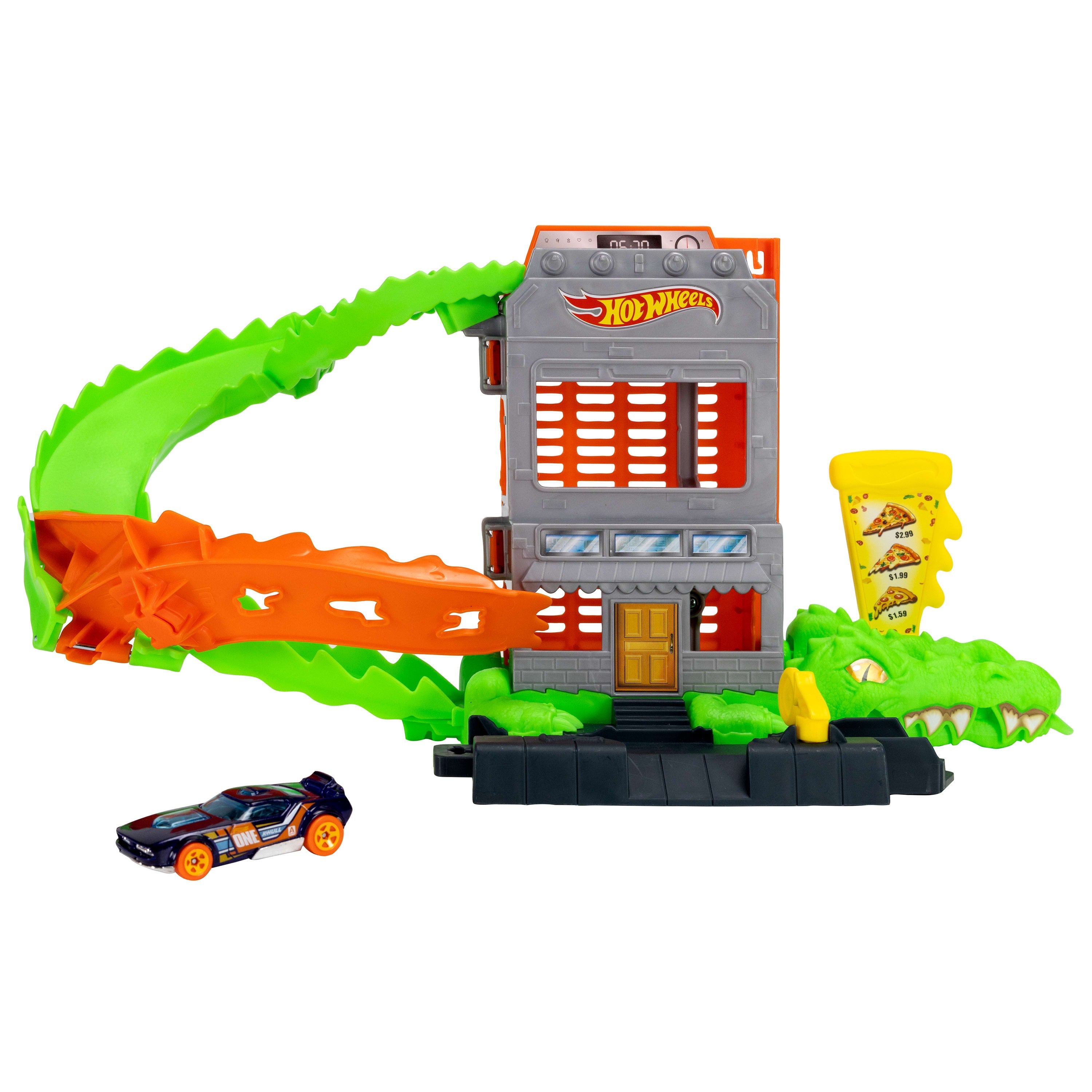 Hot Wheels City Croc Pizza Attack Playset & 1:64 Scale Toy Car, Speed Snap Track Compatible