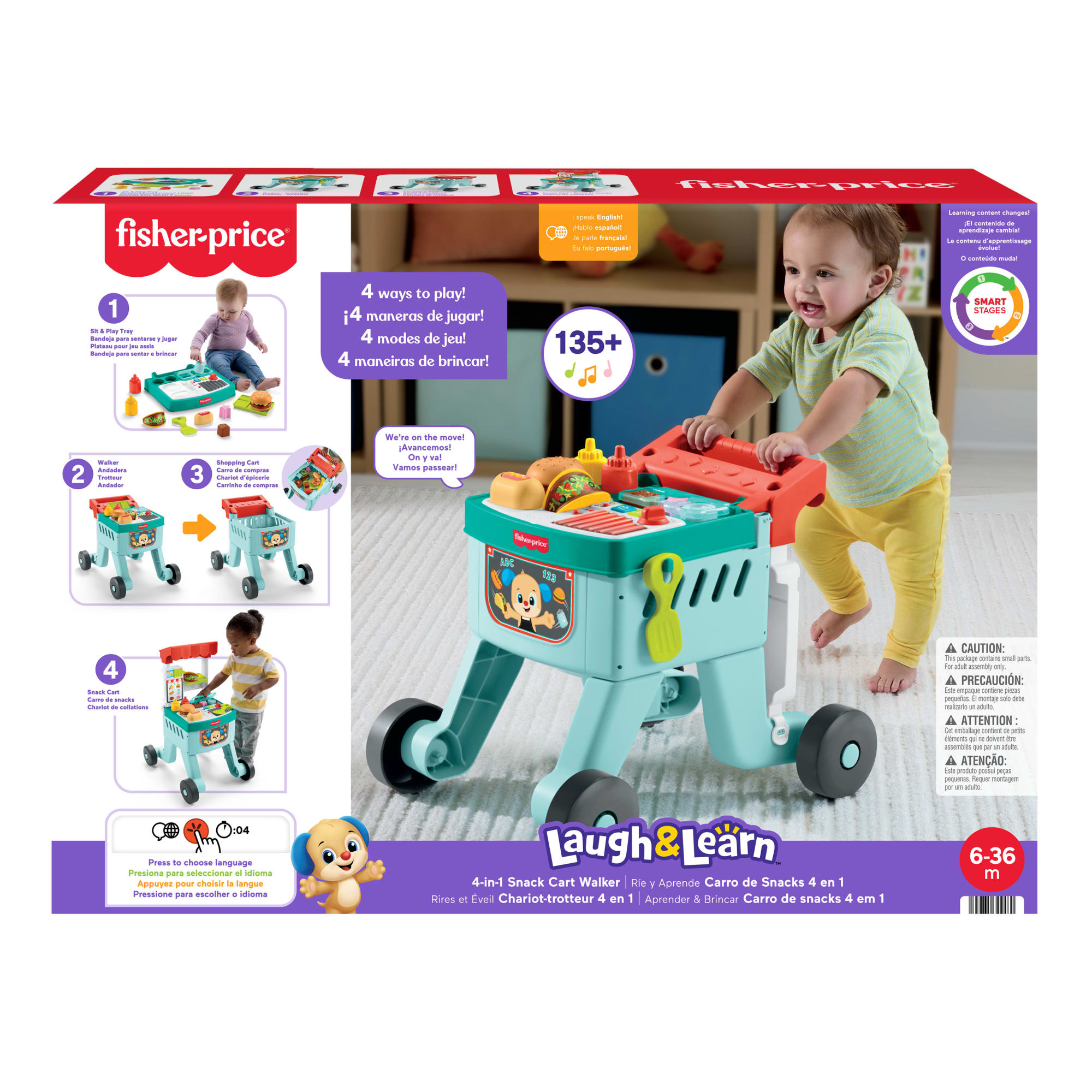 Fisher-Price Laugh & Learn 4-in-1 Snack Cart Walker Baby & Toddler Learning Toy, 14 Play Pieces, Multilanguage Version