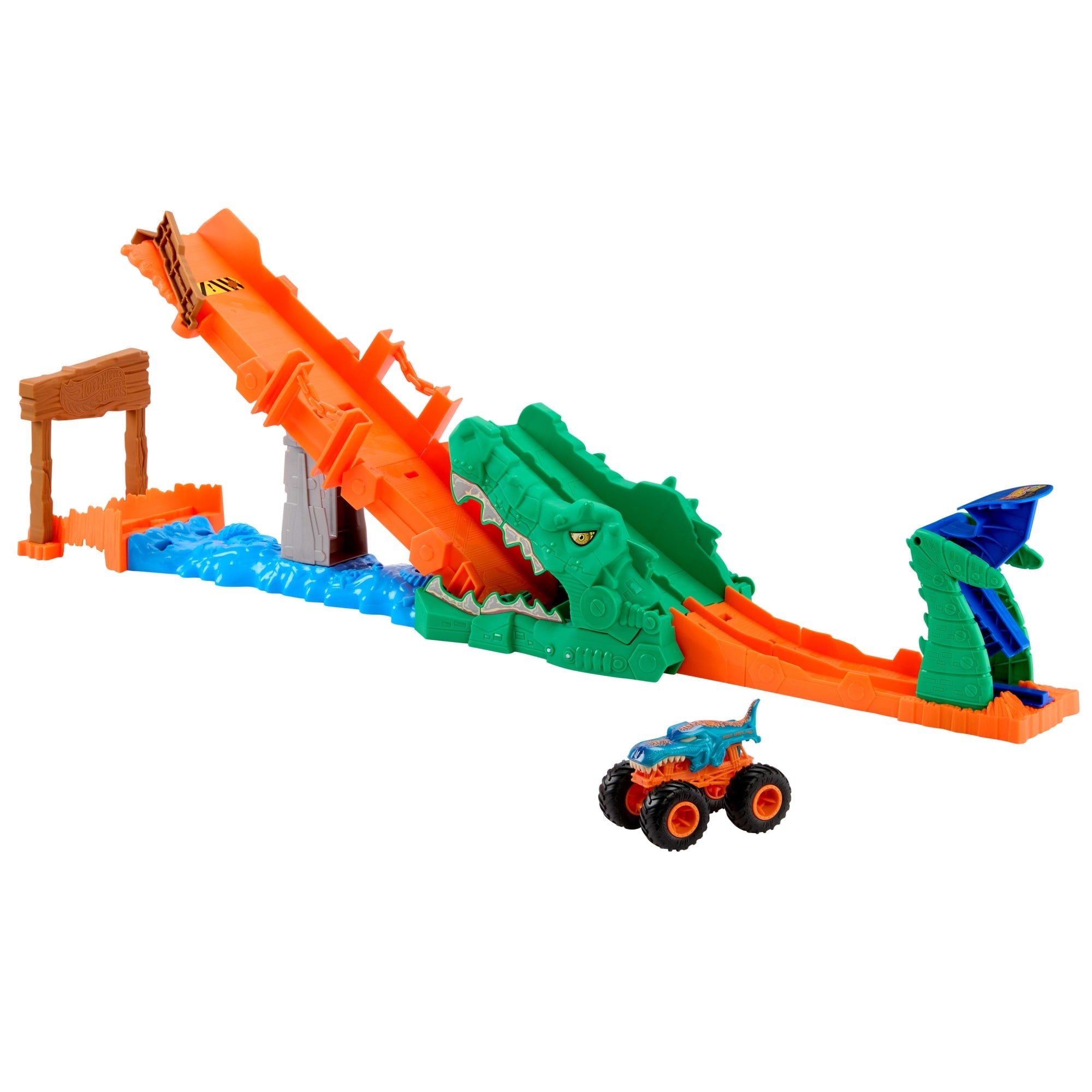 Coffret de Jeu Défi Attaque du Crocodile Monster Trucks Hot Wheels et Véhicule Mega-Wrex à L’Échelle 1:64