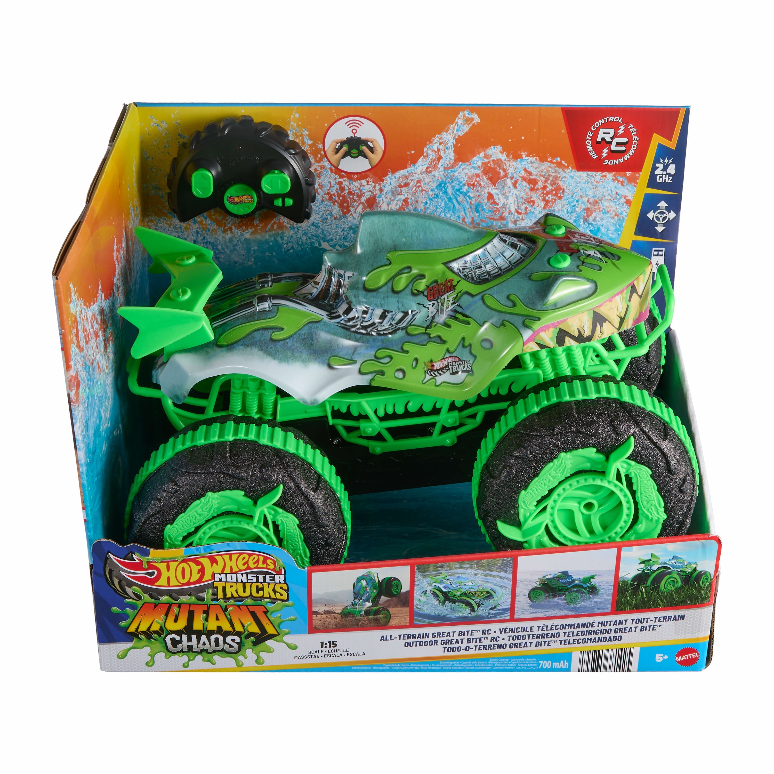 Hot Wheels Monster Trucks All-Terrain Great Bite RC, Remote-Control Toy, Drive On Land & in Water