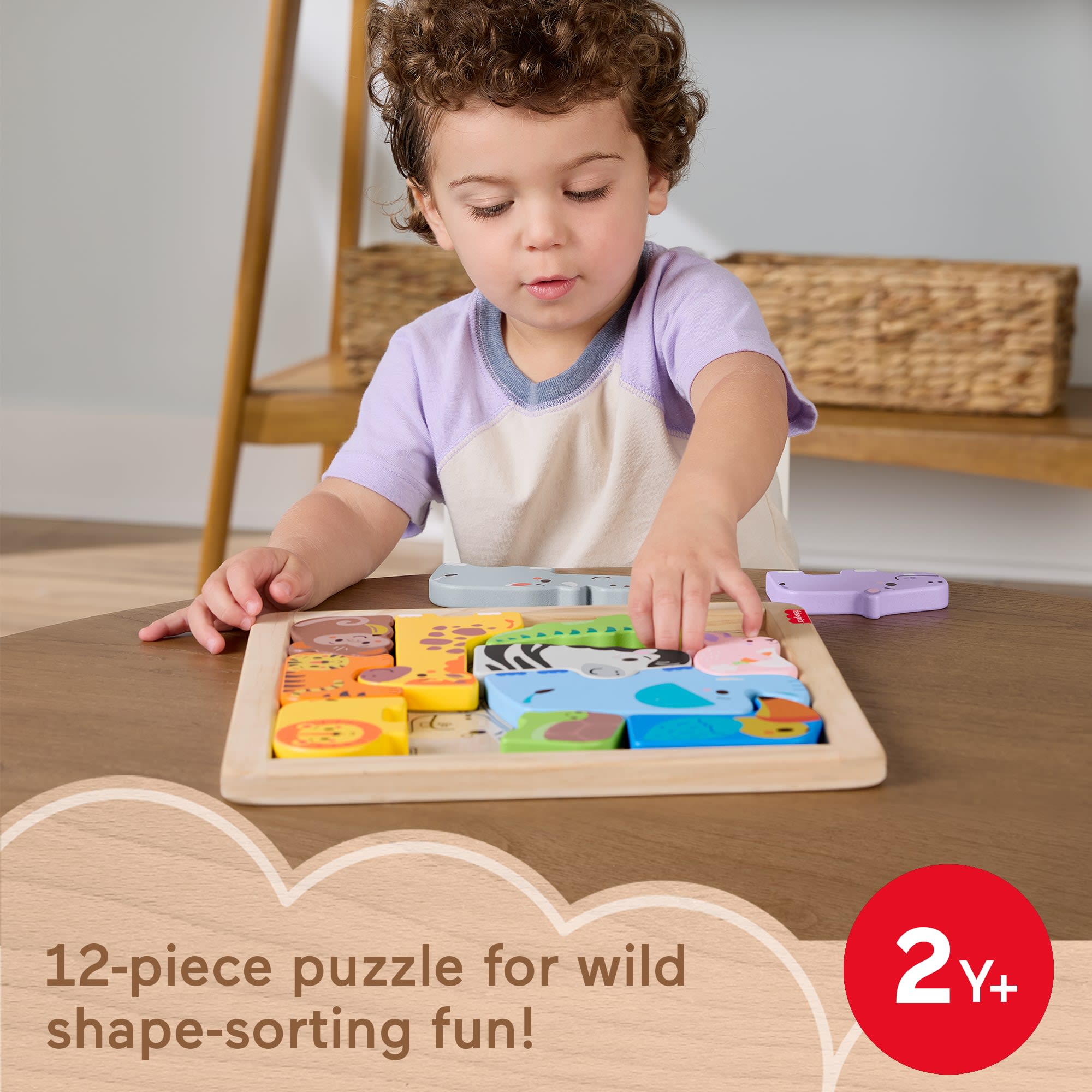 Fisher-Price Wooden Animal Puzzle, Shape-Sorting Activity For Kids, 13 Wood Pieces