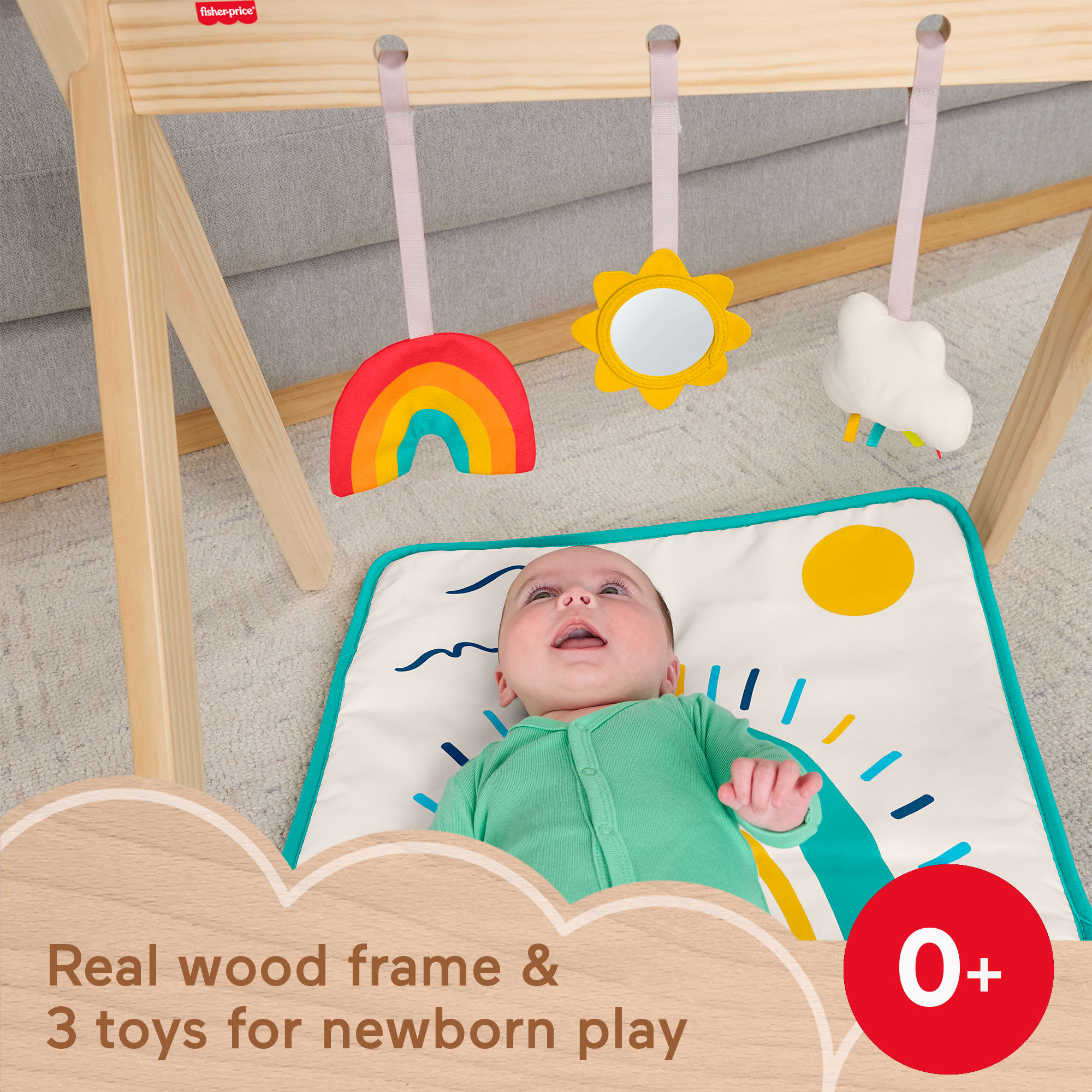 Fisher-Price Wooden Activity Gym, Wood Frame With 3 Sensory Toys & Mat For Newborn Babies