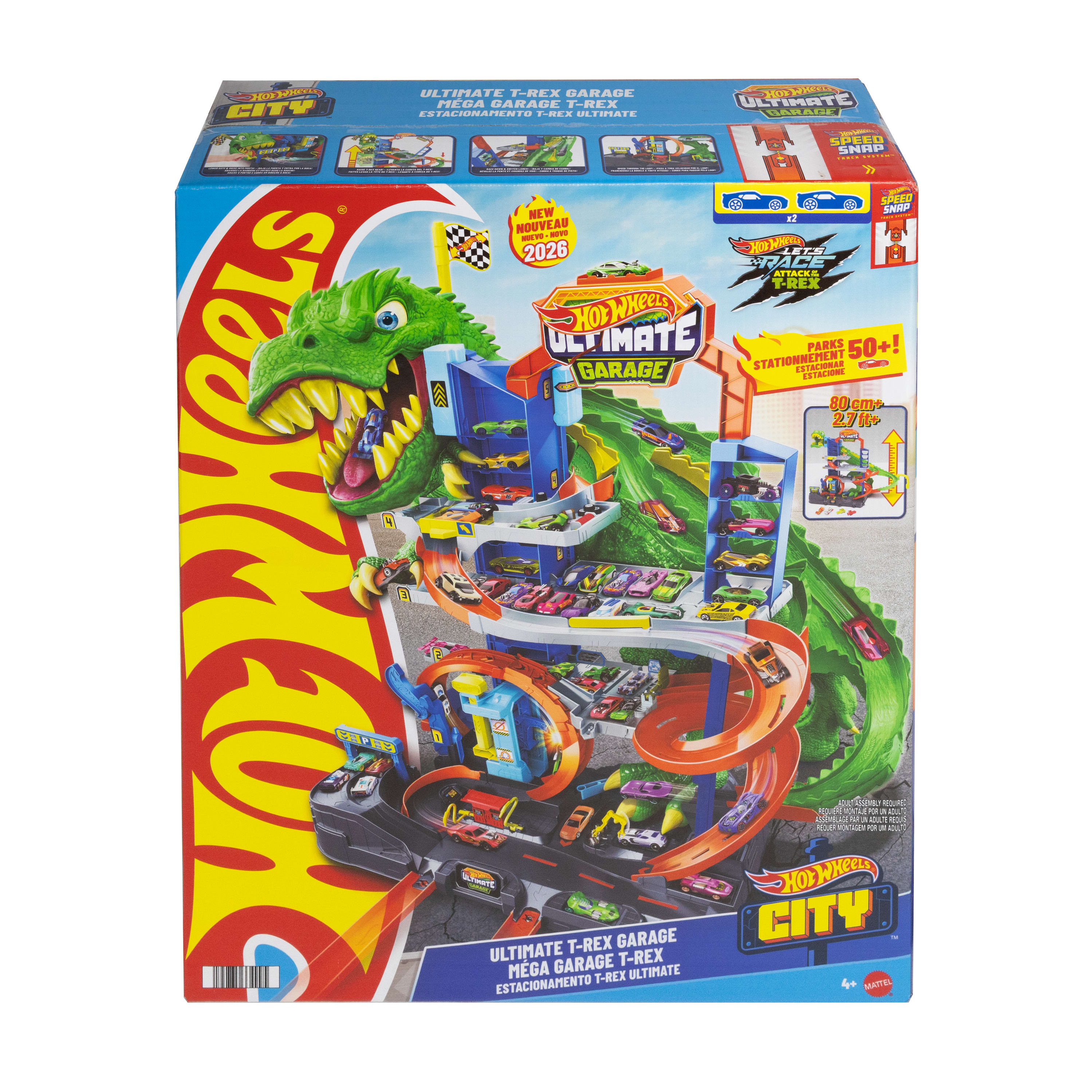 Hot Wheels City Ultimate T-Rex Garage With 2 Toy Cars & Storage For 50+, Race & Stunt, Dino Nemesis