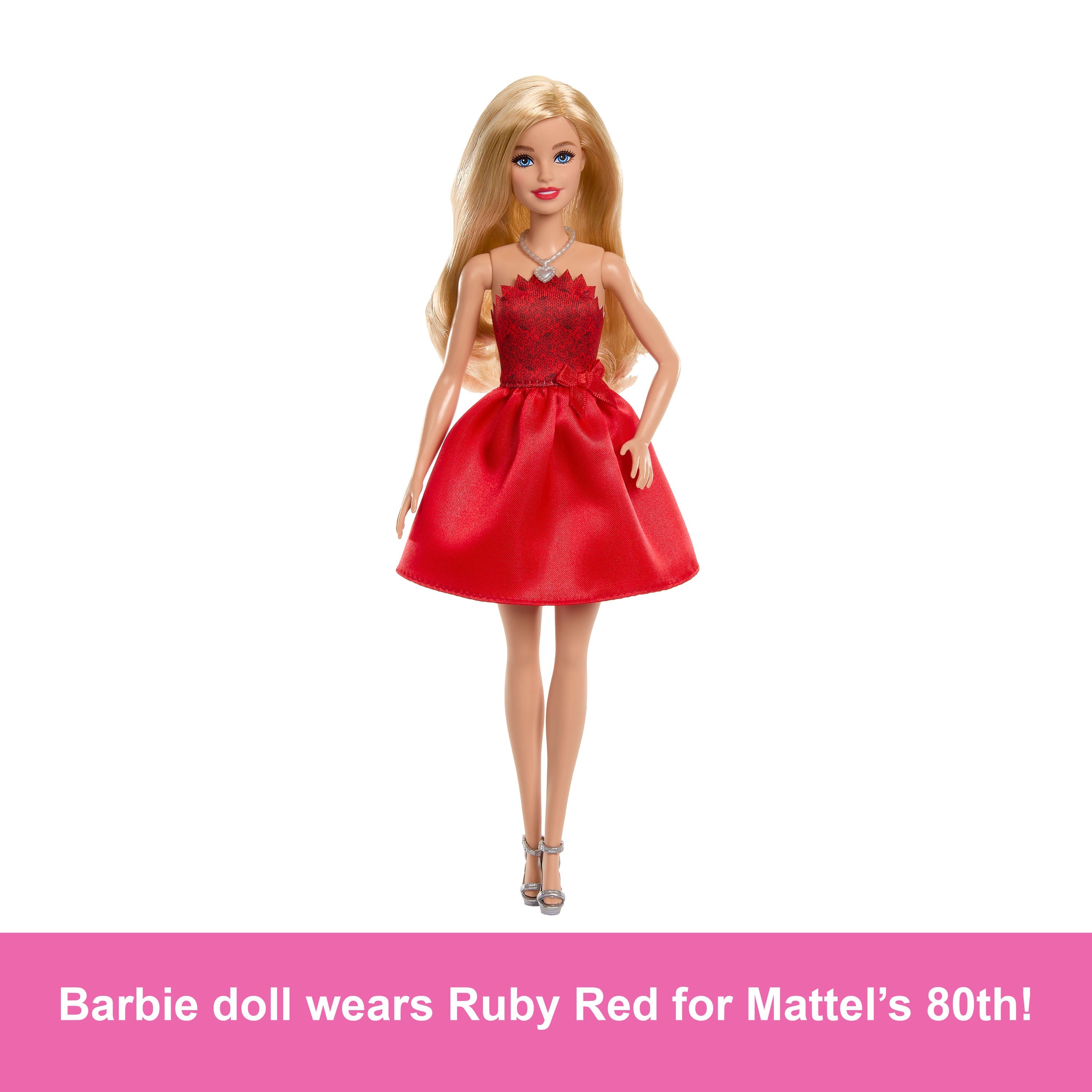 Barbie Mattel 80th Anniversary Ruby-Red Celebration Fashion Doll Wearing Red Dress With Accessories