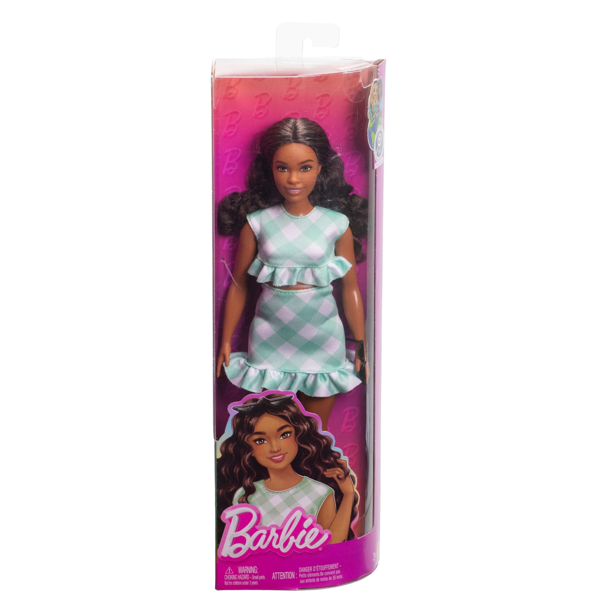 Barbie Fashionistas Doll #240 in Green Gingham Dress And Sunglasses, Wavy Dark Brown Hair