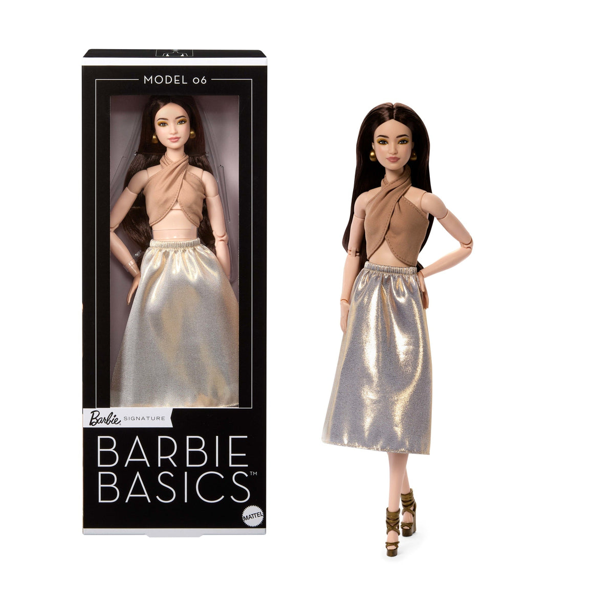 Barbie-Poupée Barbie Basics Modèle 06-Cheveux Bruns et Habits Dorés