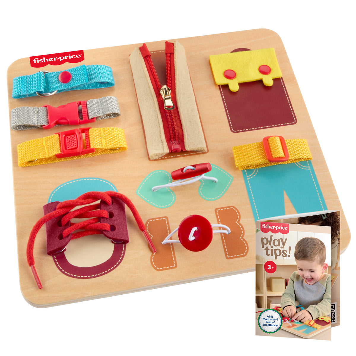 Fisher-Price Montessori Wooden Dressing Busy Board Learning Activity For Kids