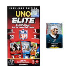 UNO Elite NFL Card Game 2025 Core Edition Starter Set With Deck, 4 Game Booster Packs & 2 Promo Cards