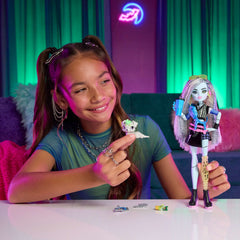 Monster High Frankie Stein Fashion Doll in Black Pleather Skirt With Pet Watzie And 7 Accessories