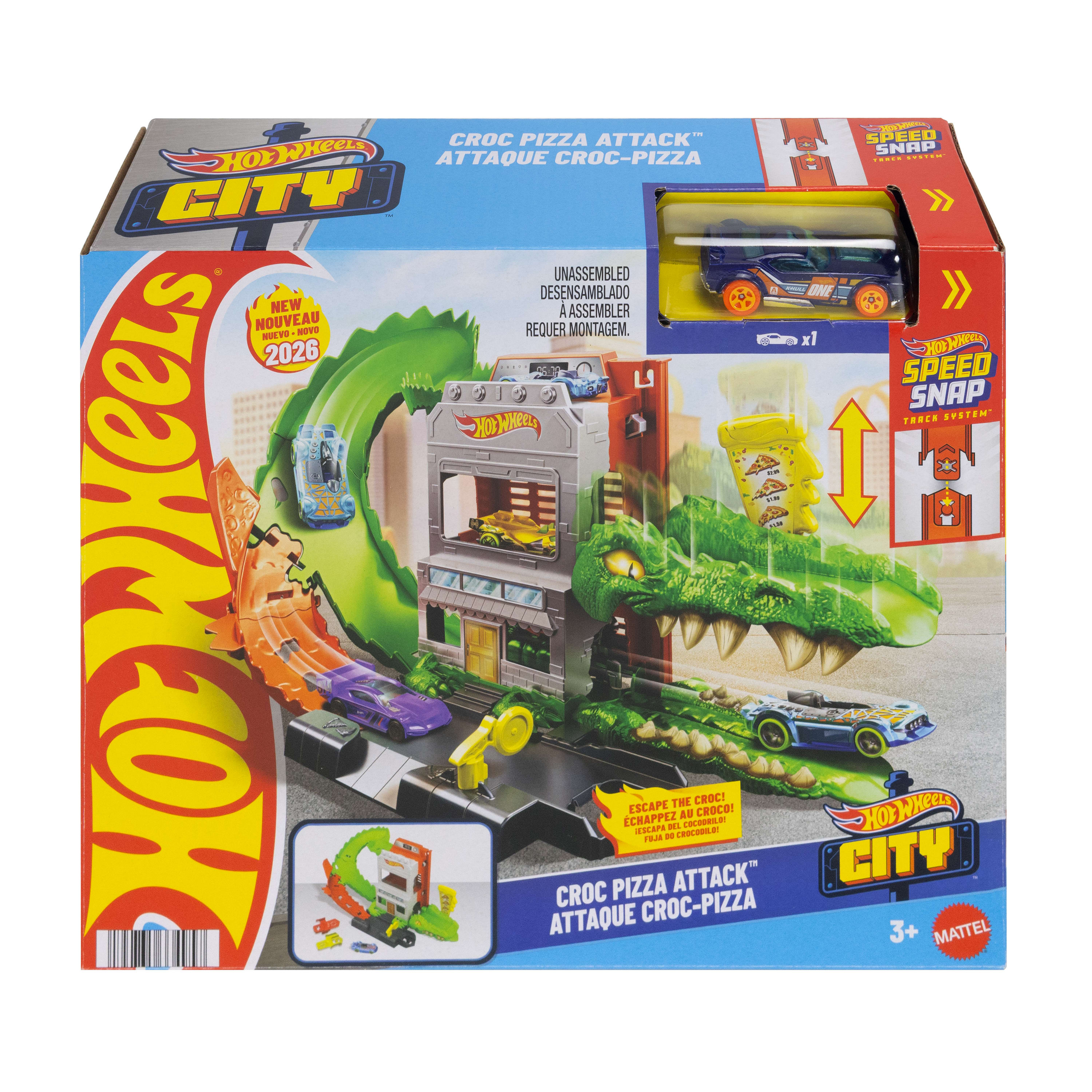Hot Wheels City Croc Pizza Attack Playset & 1:64 Scale Toy Car, Speed Snap Track Compatible