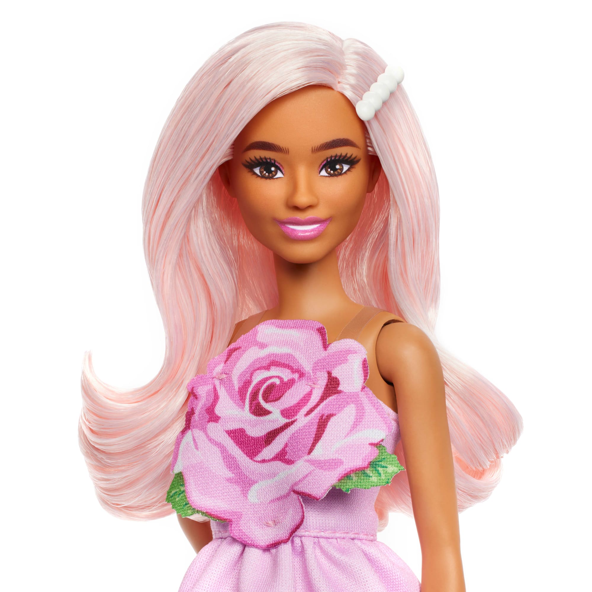 Barbie Fashionistas Doll #238 in Strapless Rose Dress, Pink Hair With Barrette Accessory