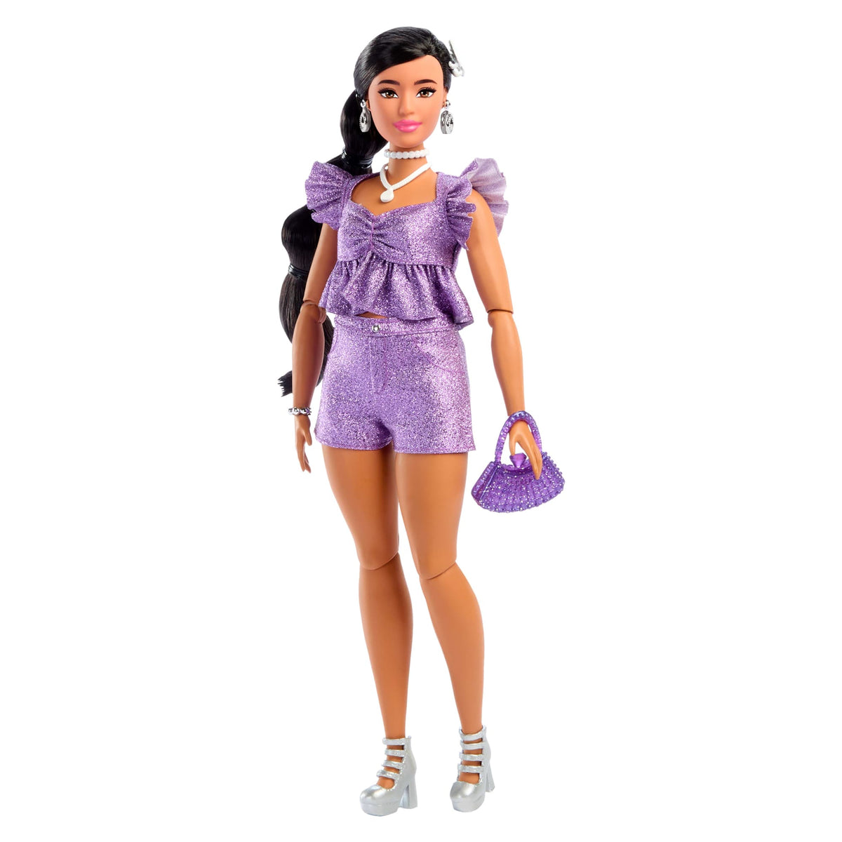 Barbie Deluxe Style Fashion Doll #8 in Metallic Purple Top And Sparkly Shorts With Accessories