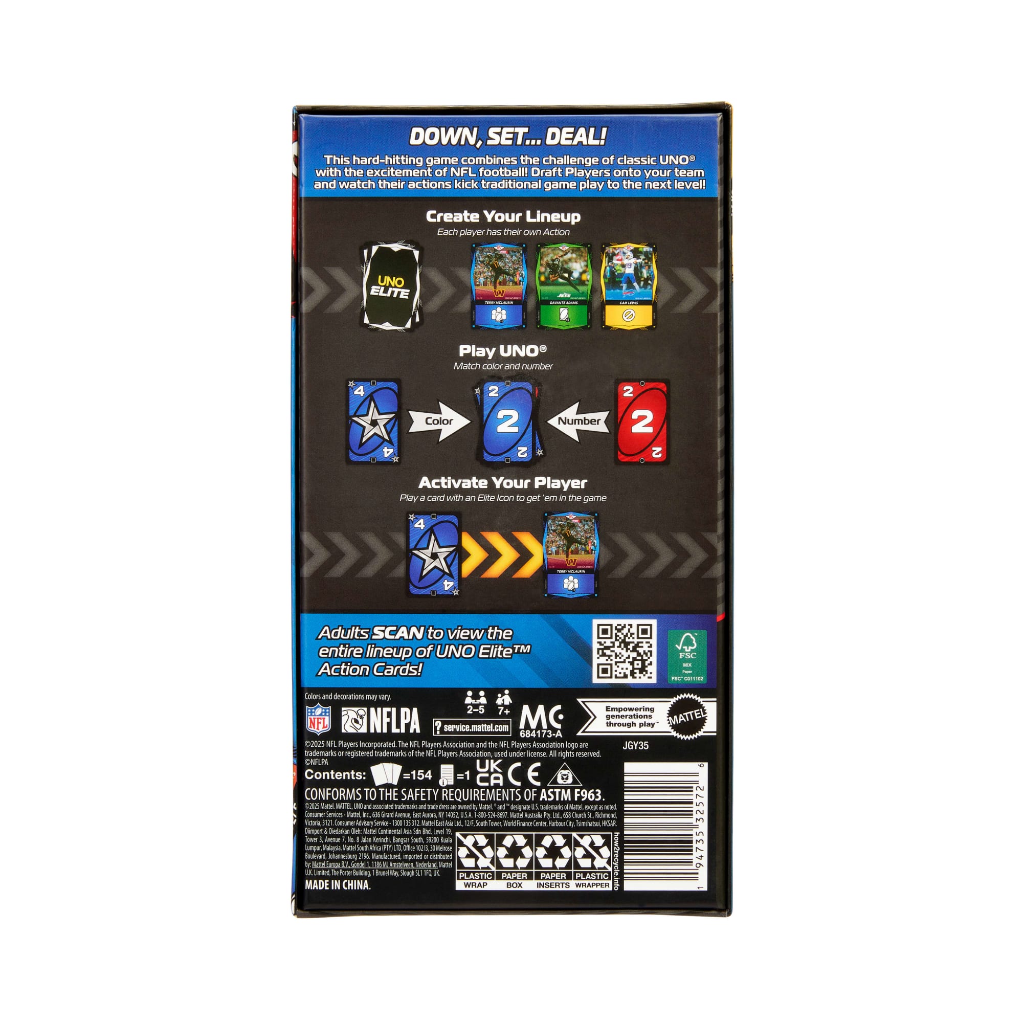 UNO Elite NFL Card Game 2025 Alt Jerseys Edition Starter Pack With 4 Booster Packs & 2 Promo Cards