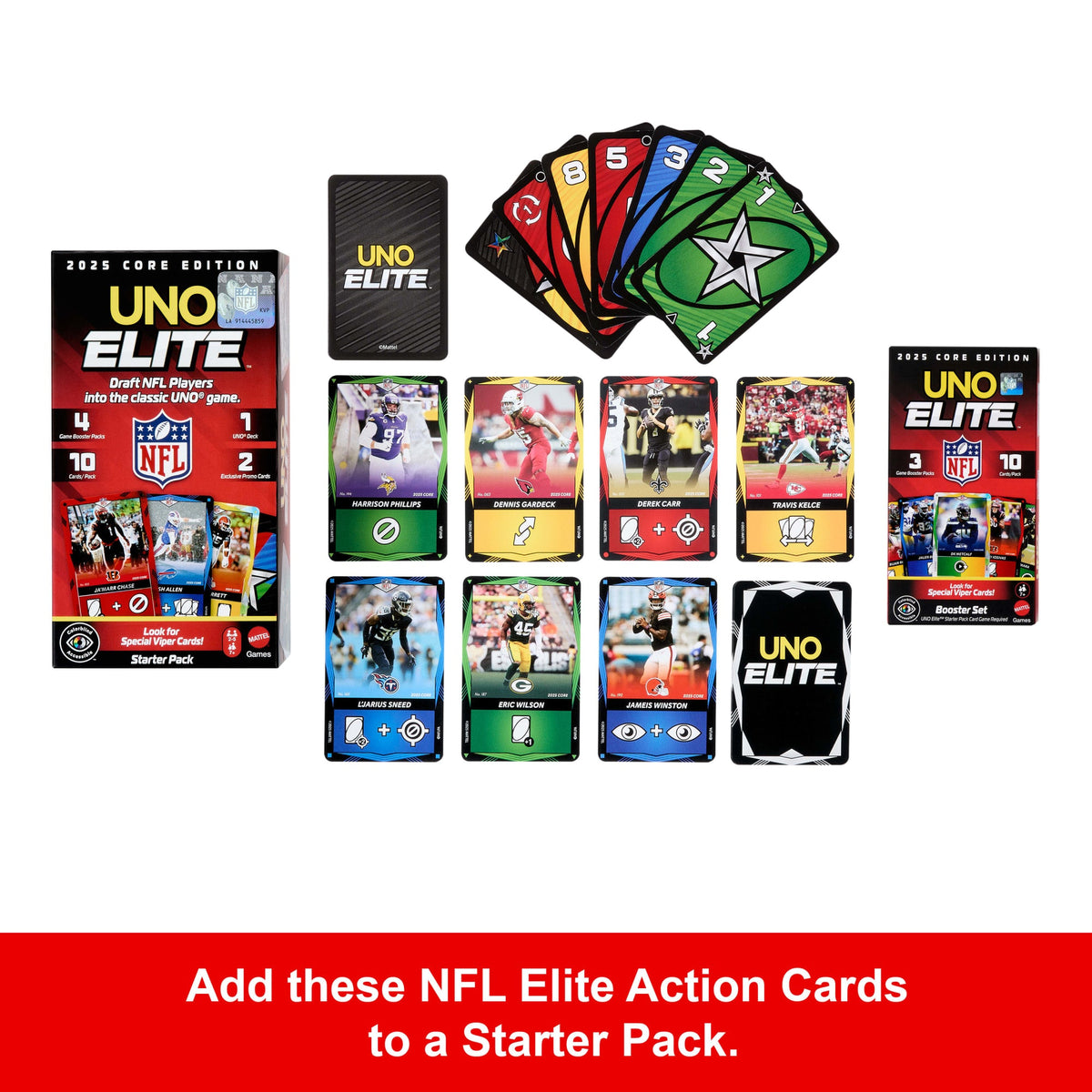 UNO Elite NFL Booster Set With 30 Elite Action Cards, 2025 Core Edition (Players May Vary)