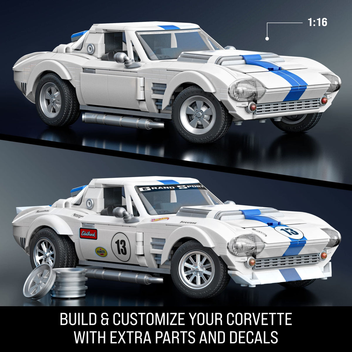 Mattel Brick Shop Hot Wheels Corvette Grand Sport Building Toy Kit (918 Pieces), For Collectors