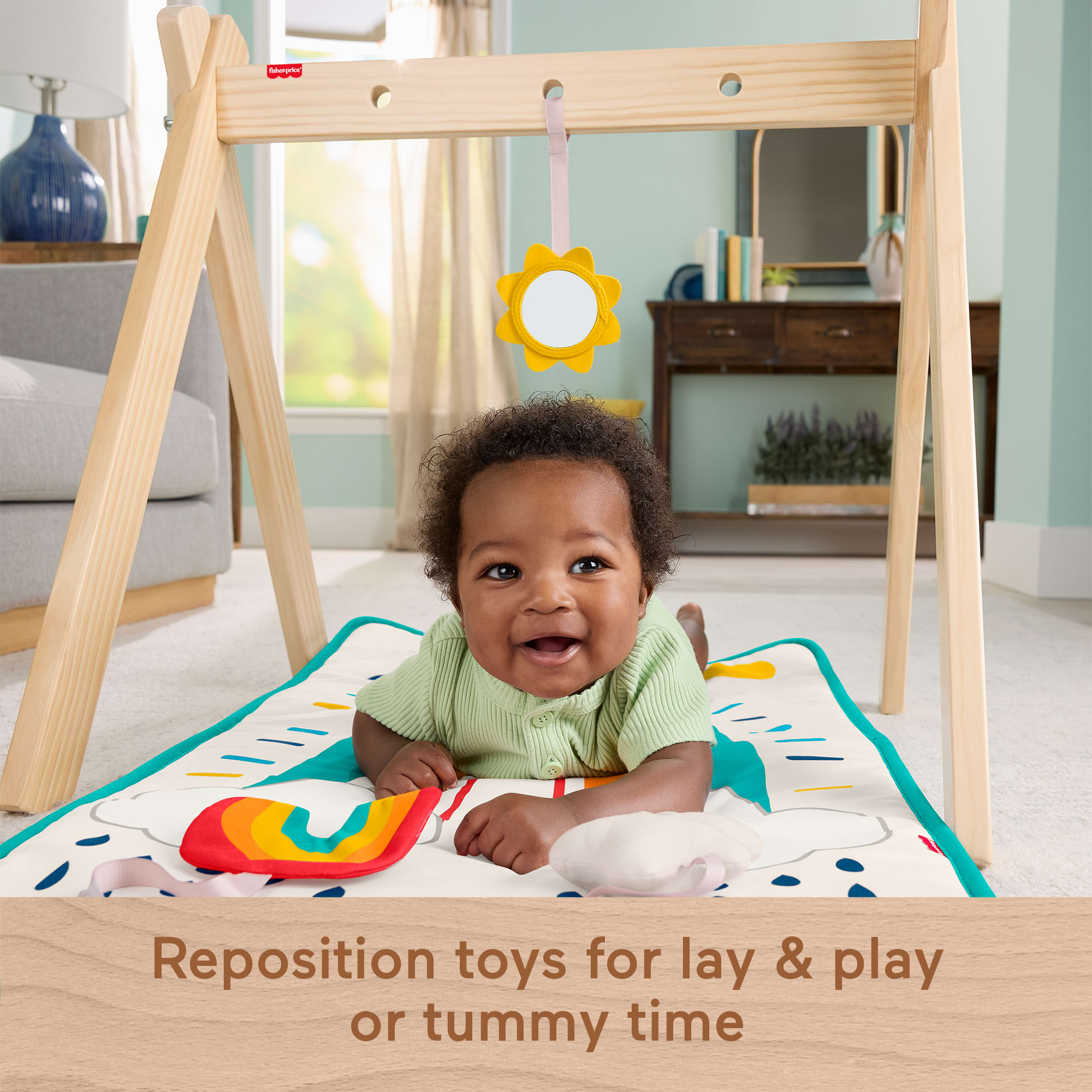 Fisher-Price Wooden Activity Gym, Wood Frame With 3 Sensory Toys & Mat For Newborn Babies